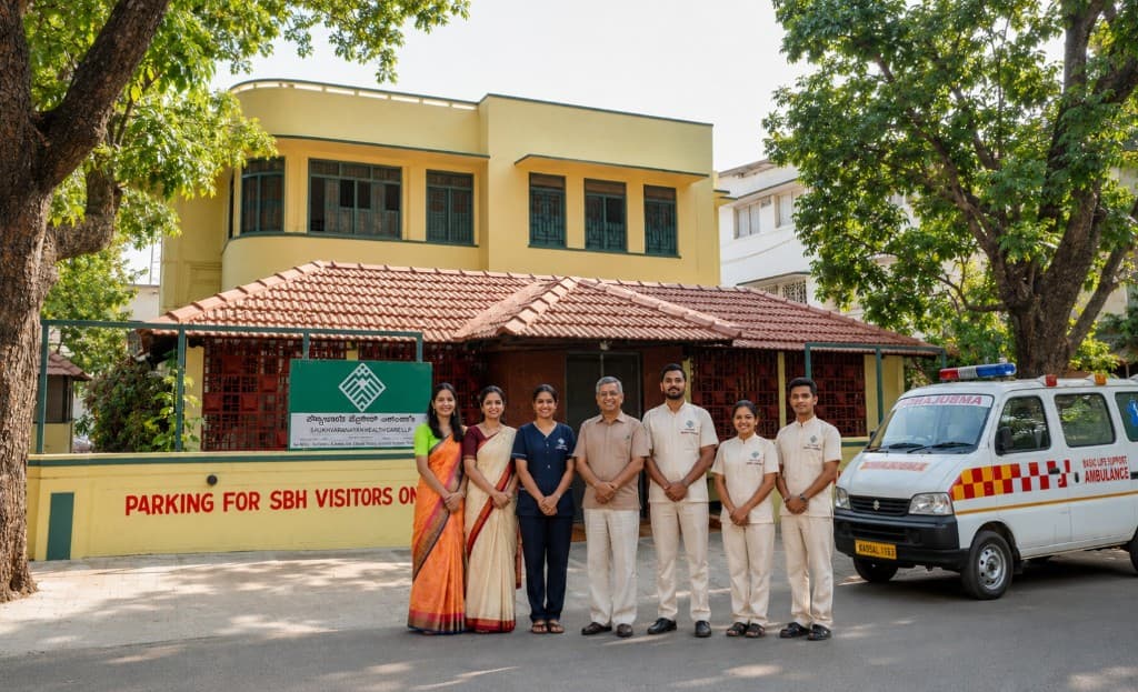 Saukhyabharathi Wellness Centre exterior with care team and ambulance